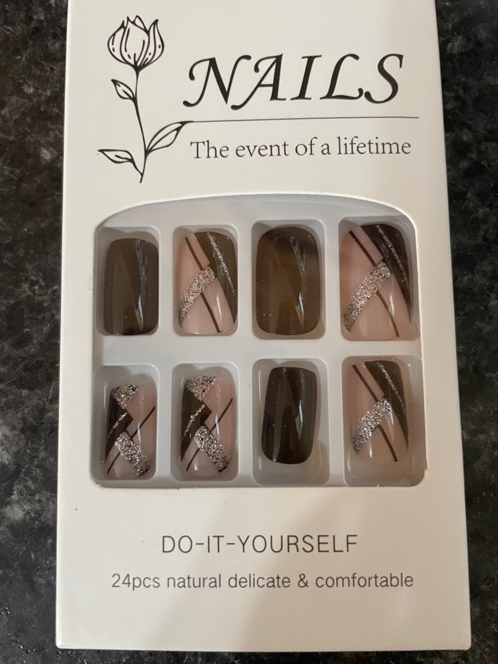 Neutral Brown & Nude Press-On Nails with Silver Glitter Accent